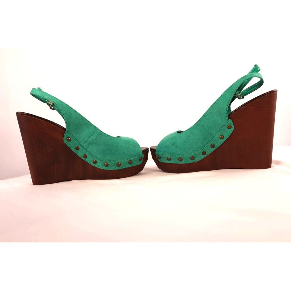 Bomlel Green Suede Wedge Sandals with Studded Accents‎ & Wooden Heel Size 8 - Picture 3 of 10